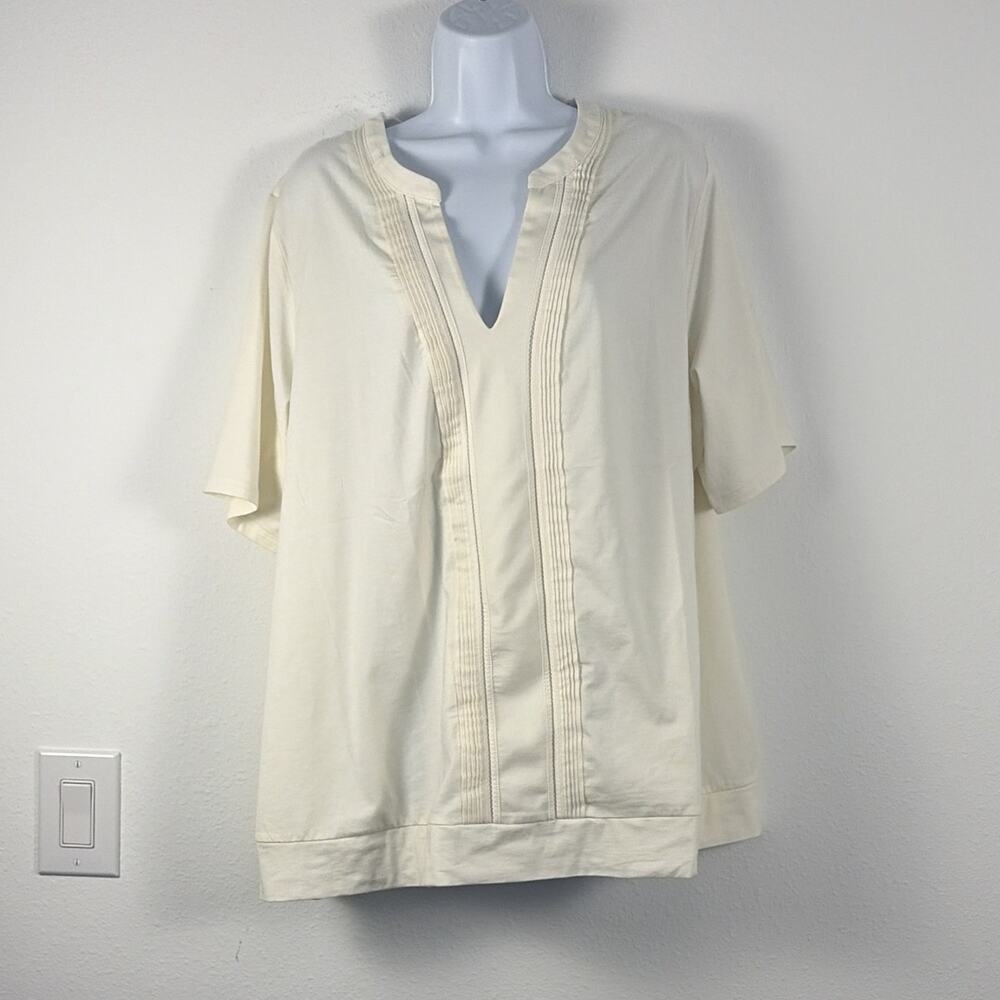 Lands' End Ivory Solid Pleated V-Neck Short Sleeve Pullover Blouse Plus 2X